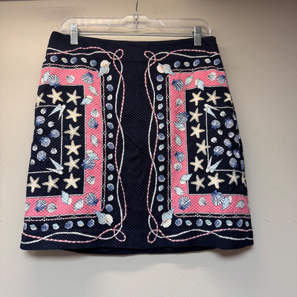 Talbots Skirt Womens 8 Navy Blue Excellent Nautical Shell Starfish A-Line Pique